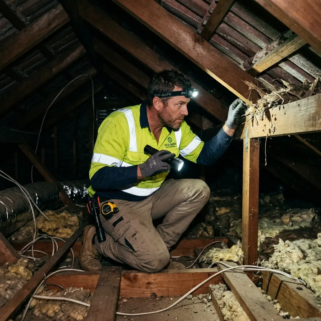 Technician inspecting a roof cavity for a dead animal in Kealba