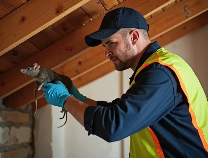 Technician inspecting a roof cavity for a dead rat in Kealba